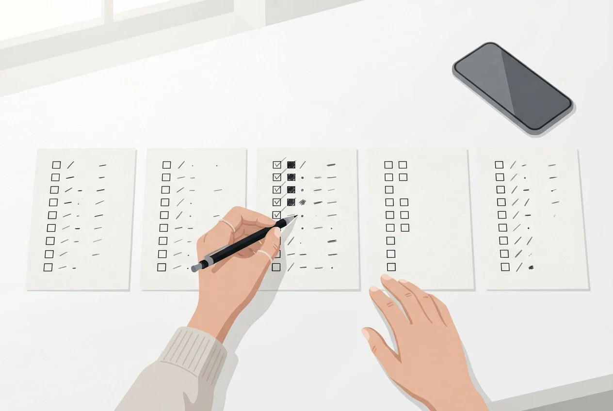 Hands arrange five similar sheets of paper in a row on a desk, each marked slightly differently.
