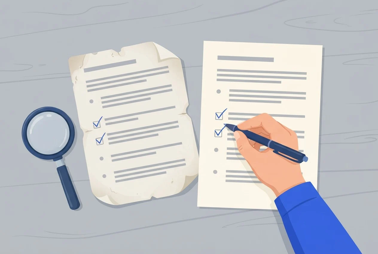 A hand with a pen compares an older printed sheet with a newer printout, a magnifying glass beside them.