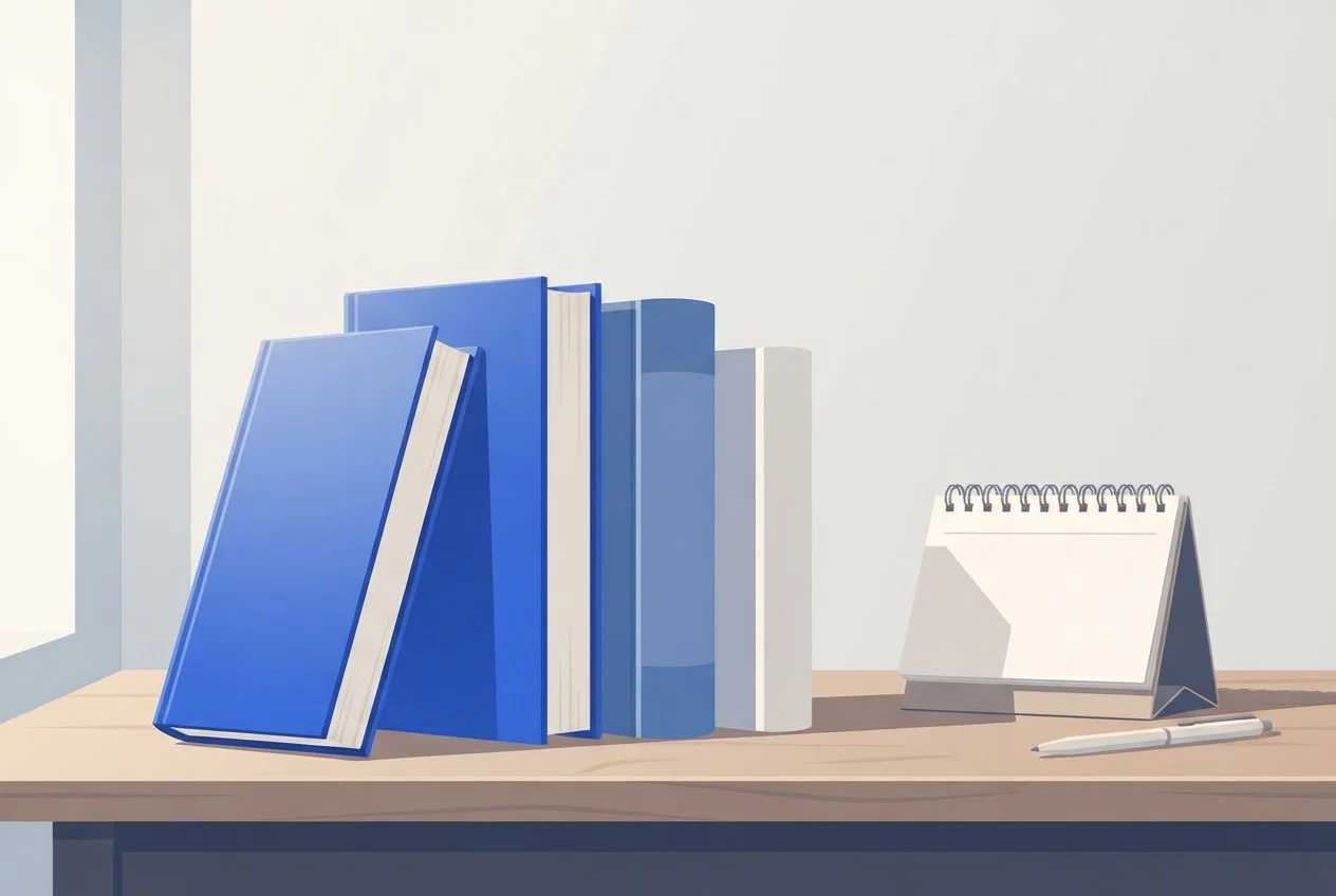 Three books stand in a row on a desk with the first pulled forward, beside a calendar and pen.
