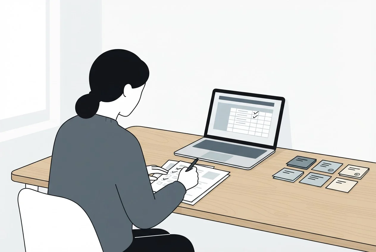 An analyst sorts a stack of printed buyer questions beside a laptop showing a grid of logged rows.