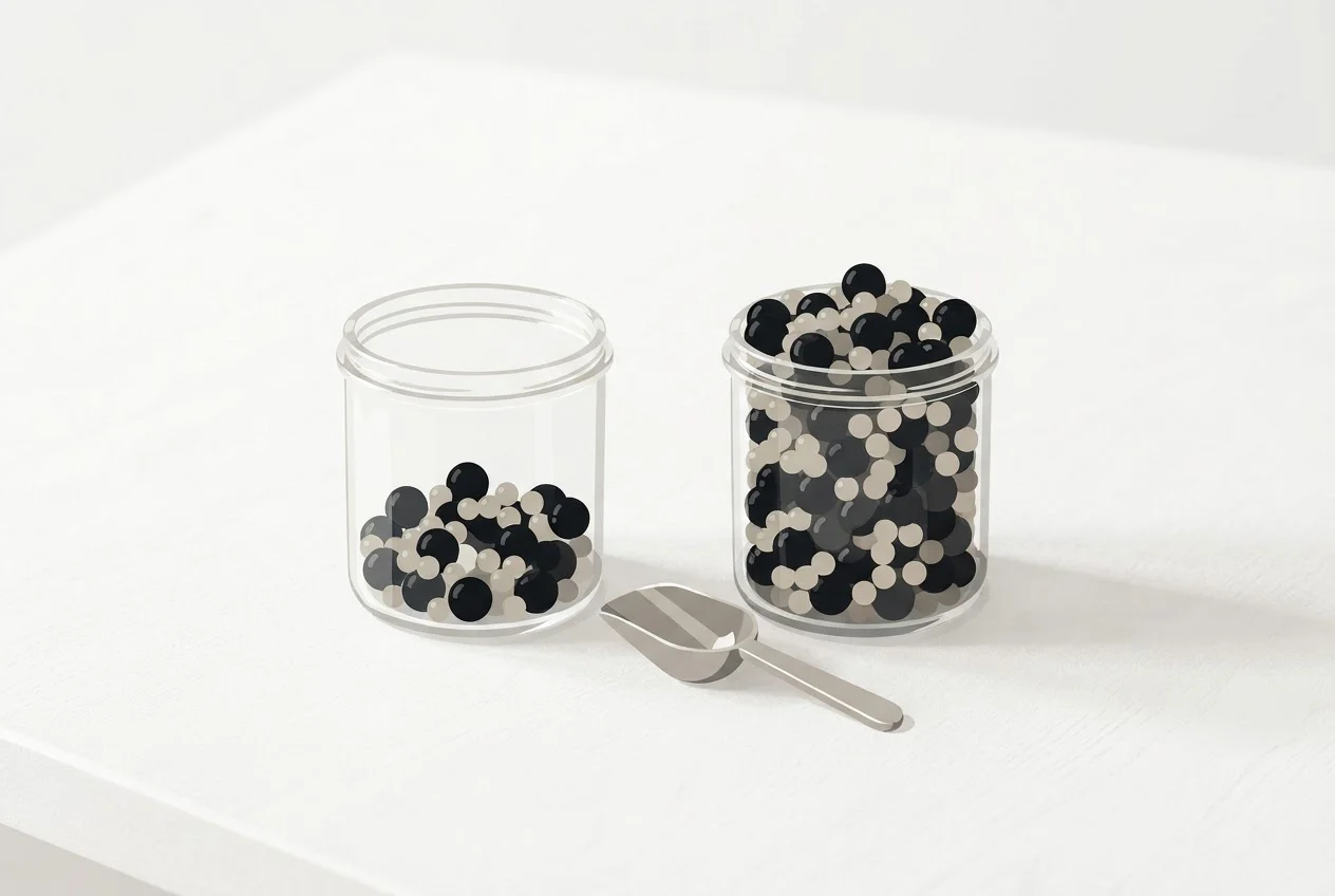 Two jars of mixed dark and light beads, one with a small scoop and one with a much larger scoop, side by side.