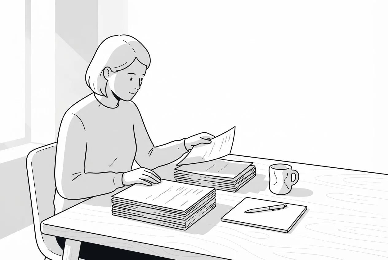 A team member sorts printed customer emails and call notes into a small pile of favourites at a shared table.