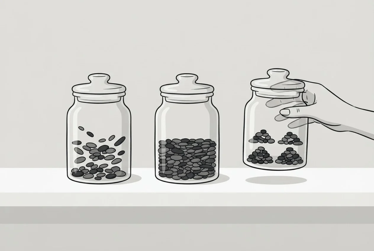Three identical glass jars in a row hold slightly different arrangements of dark pebbles while a hand reaches for the third.