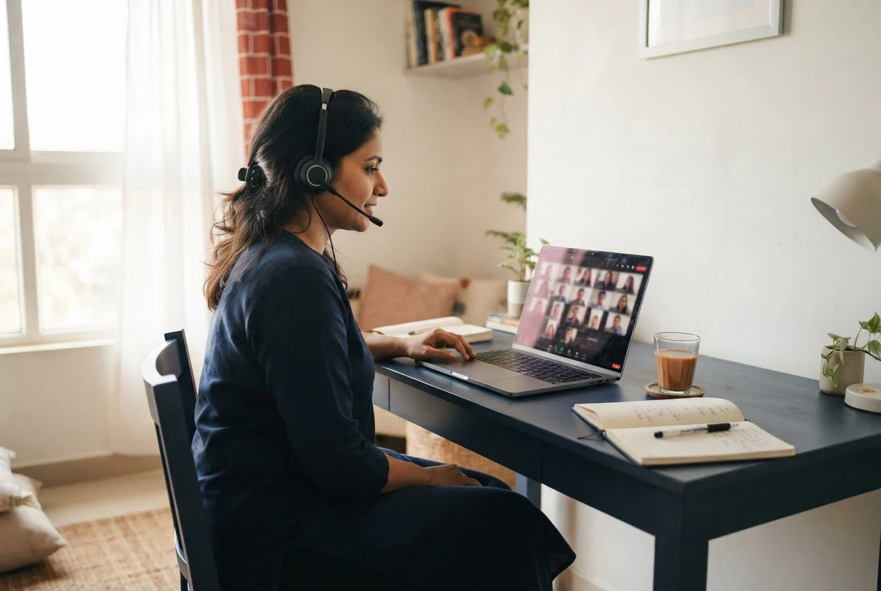 A participant wearing a headset joins an online focus group from a desk at home.