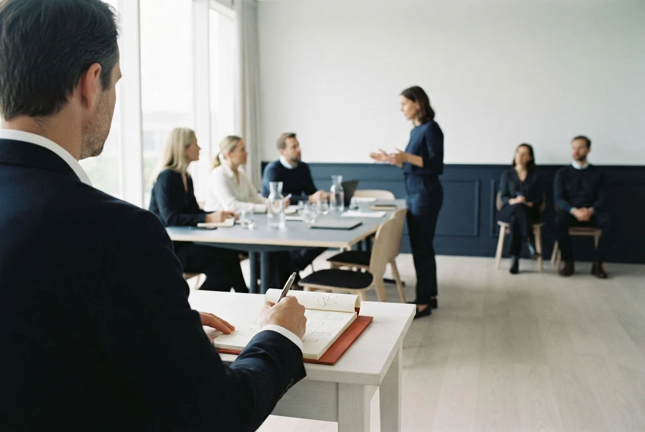 A note-taker at a side desk watches a moderator and participants around a table while observers sit quietly at the back.