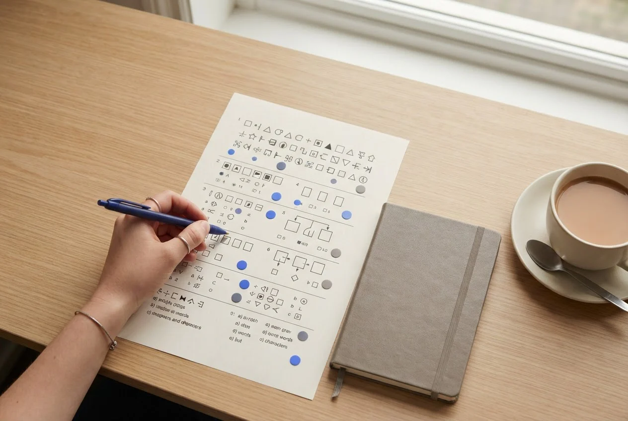 A student's hand marks questions on a printed mock test with coloured dots, sorting them for review.