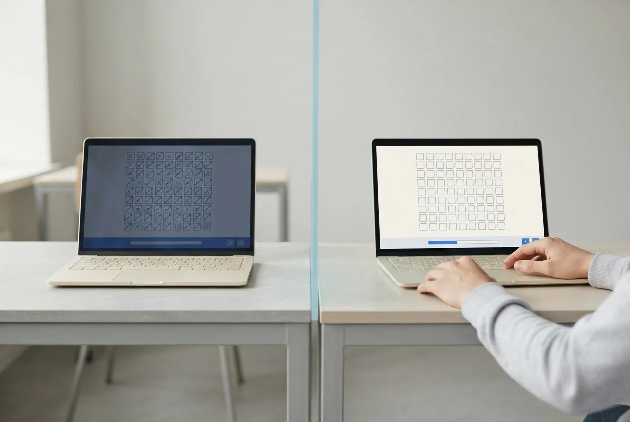 Two exam screens side by side, the left one finished and dimmed, the right one fresh and ready for the next block.