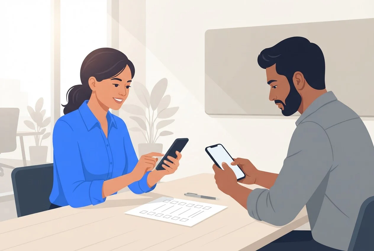 Two sales reps at a table test a calling app on their phones with a paper checklist between them.