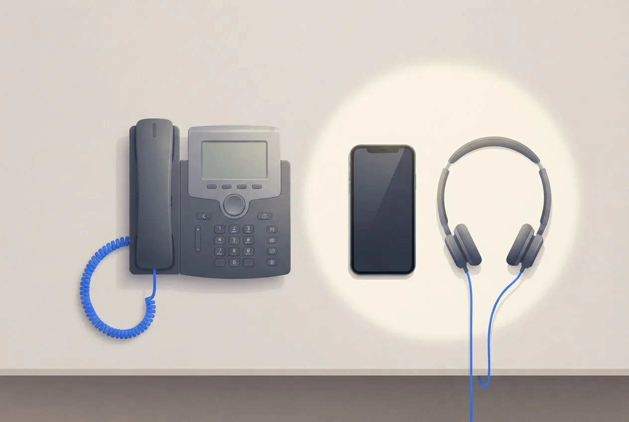 Two phones on a desk, one lit by a soft spotlight and the other left in shadow.
