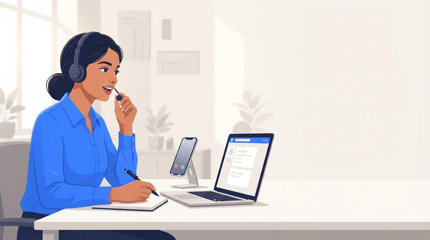 A sales rep wearing a headset makes an outbound call at a desk with a phone on a stand and a laptop.