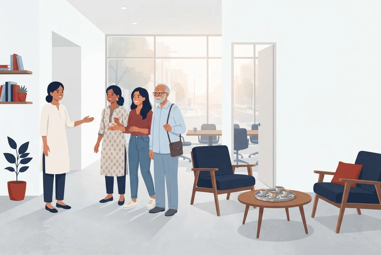 A host welcomes three participants at the entrance of a research facility, with tea laid out and a meeting room behind them.