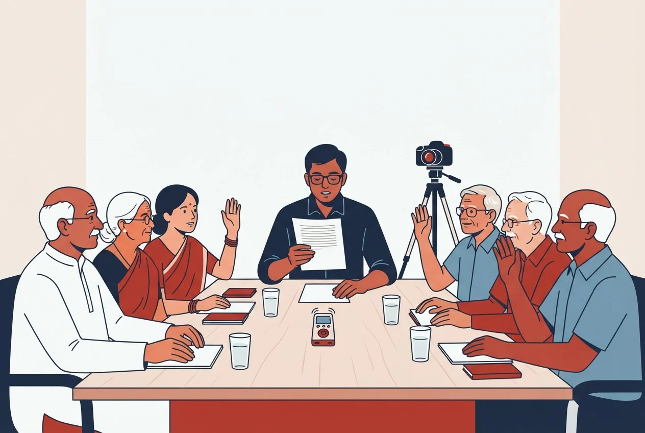 A moderator reads a printed script aloud to a seated group, and several participants raise their hands in agreement.