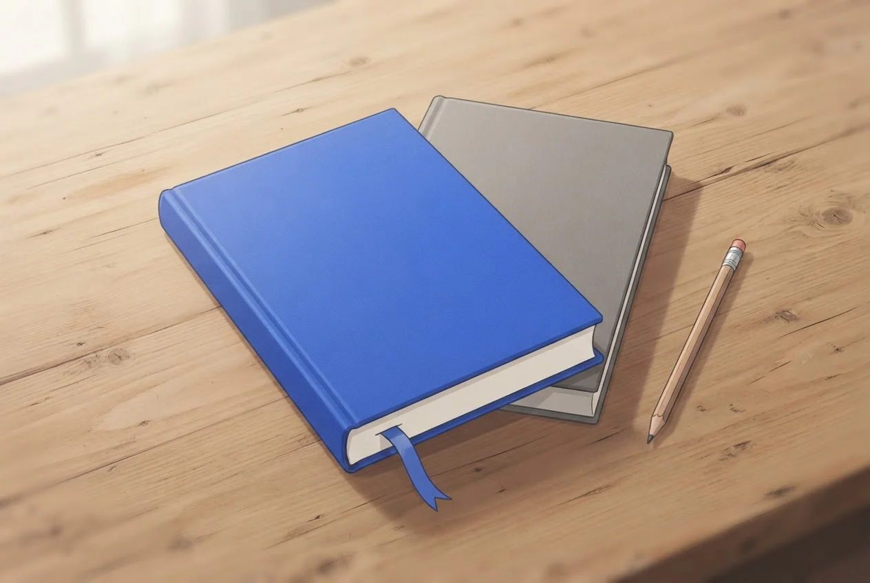 Two stacked textbooks with plain covers lie on a table beside a pencil and bookmark.
