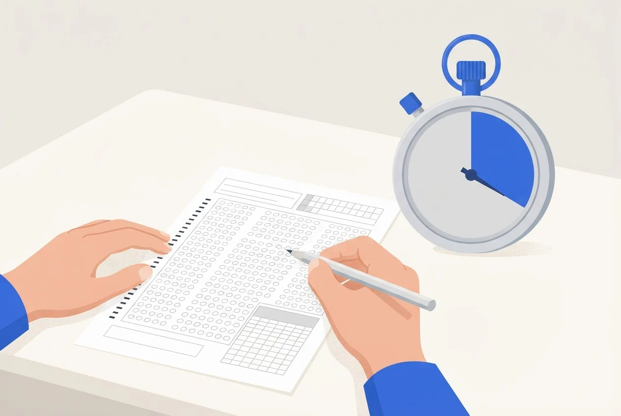 A student's hands hold a pencil over an answer sheet next to a stopwatch with a blue wedge on its dial.
