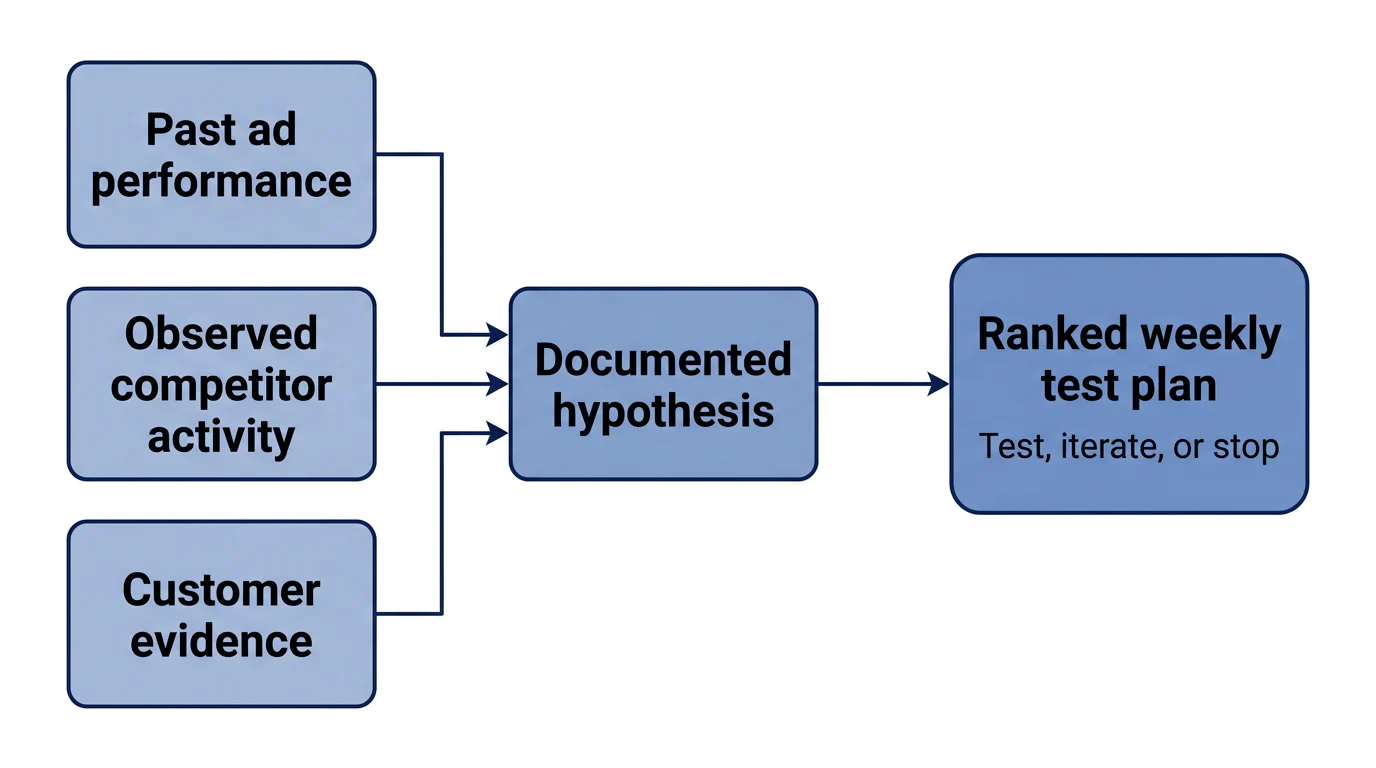 A five-part flow shows performance history, competitor activity, and customer evidence feeding a documented hypothesis and a ranked weekly test plan.