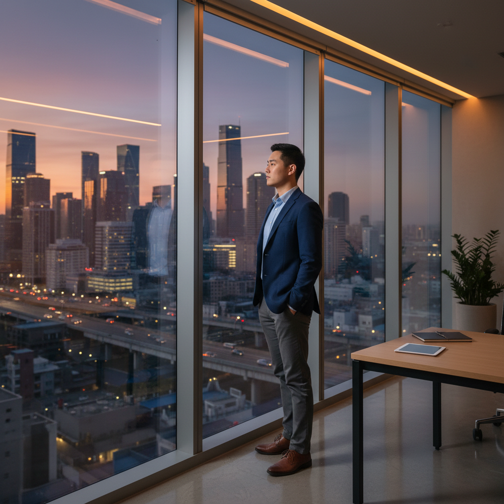 A professional looking out of a high-rise office window, symbolizing long-term career planning and determination.