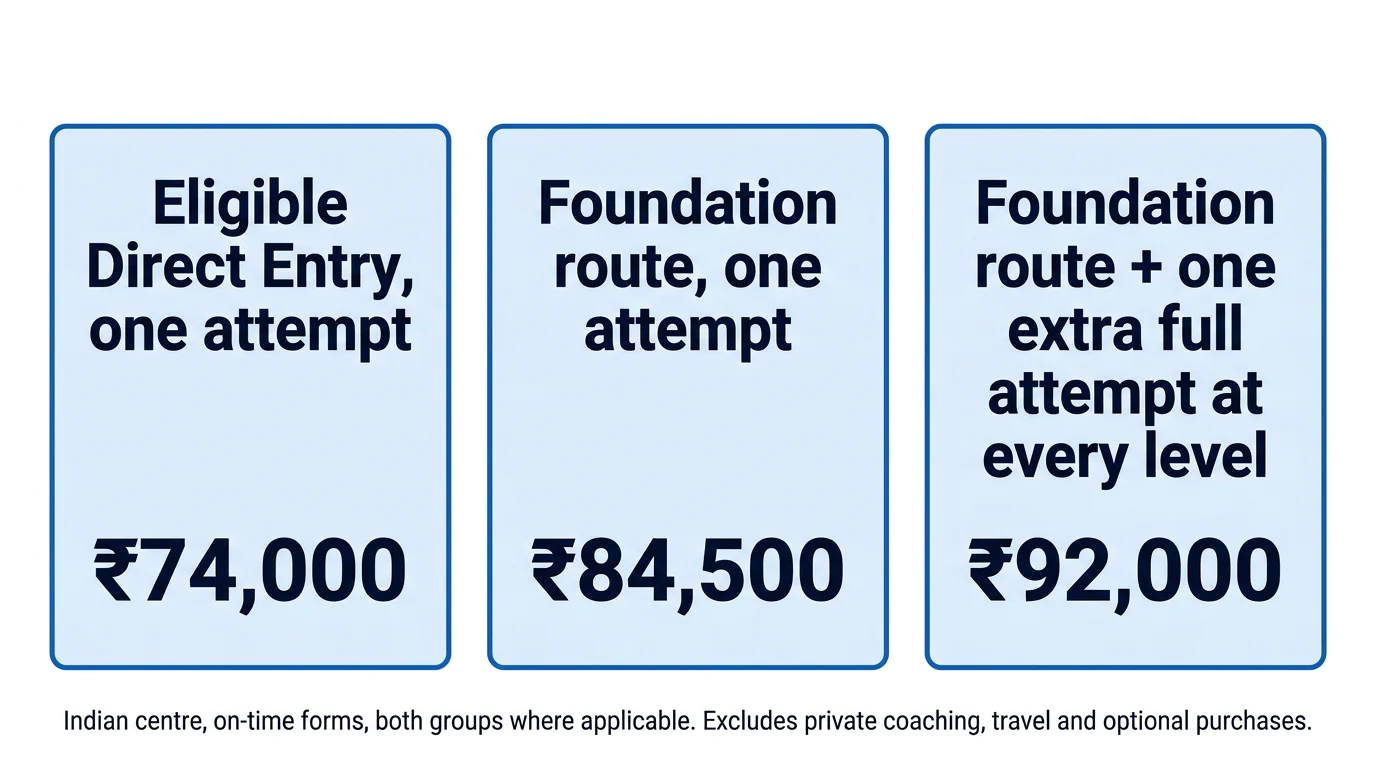 Three parallel cards show ₹74,000 for eligible Direct Entry, ₹84,500 for one-attempt Foundation route and ₹92,000 after one extra full attempt at every level.