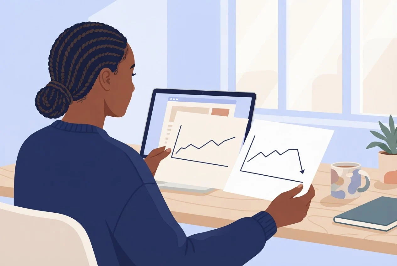 An advertiser compares two printed line charts on her desk, one steady and one dipping, beside a laptop.