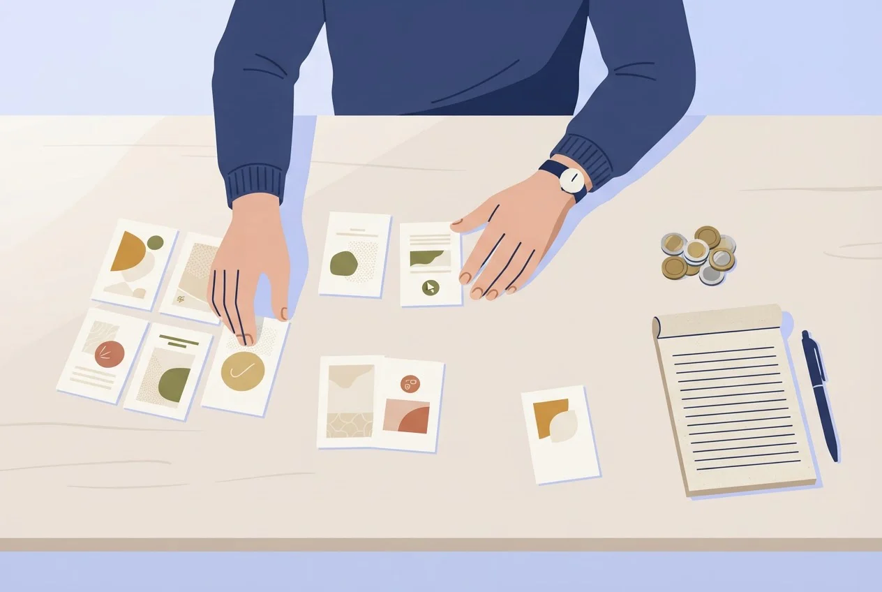 A man arranges paper ad concept cards into small groups on a desk next to a stack of coins.