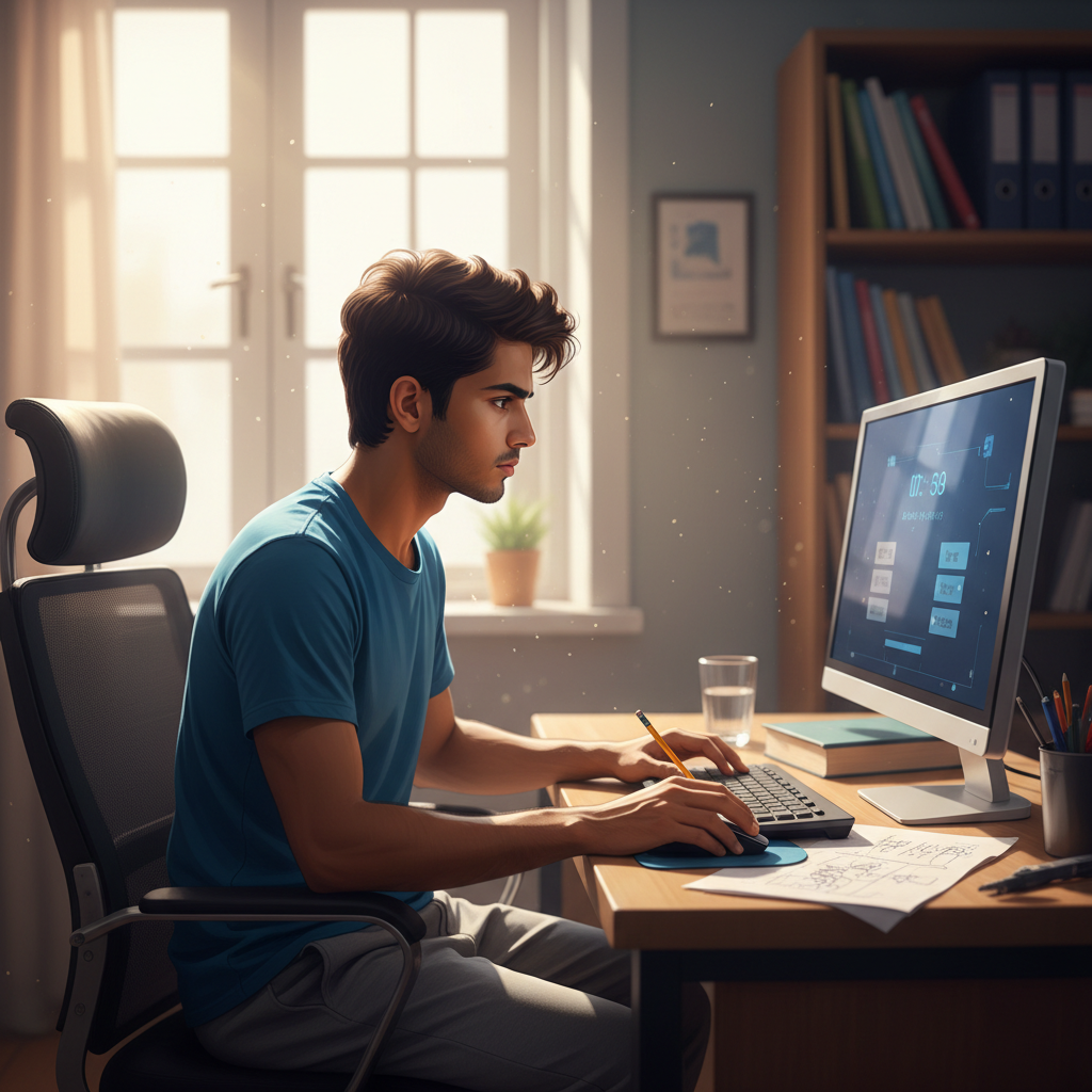 Student practising a timed computer-based mock test