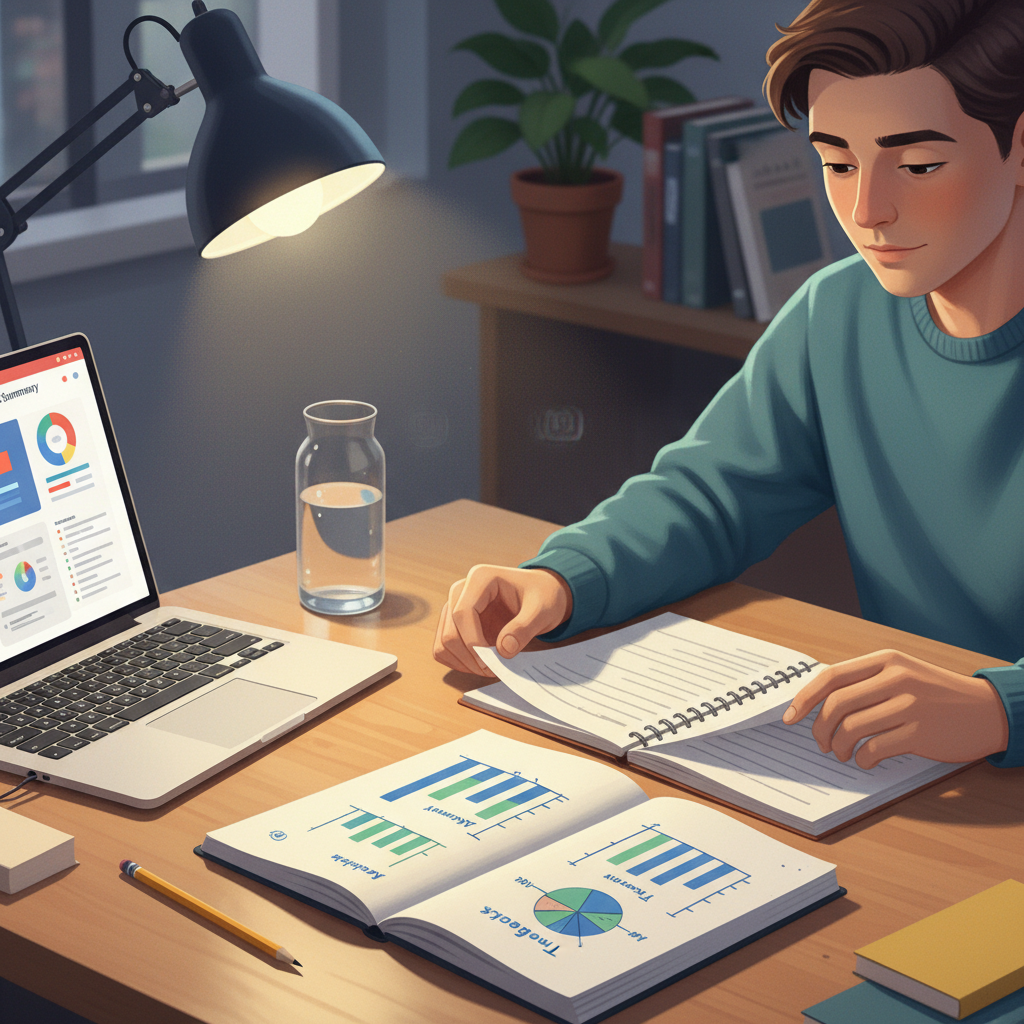 Mock-test performance tracking notebook and laptop