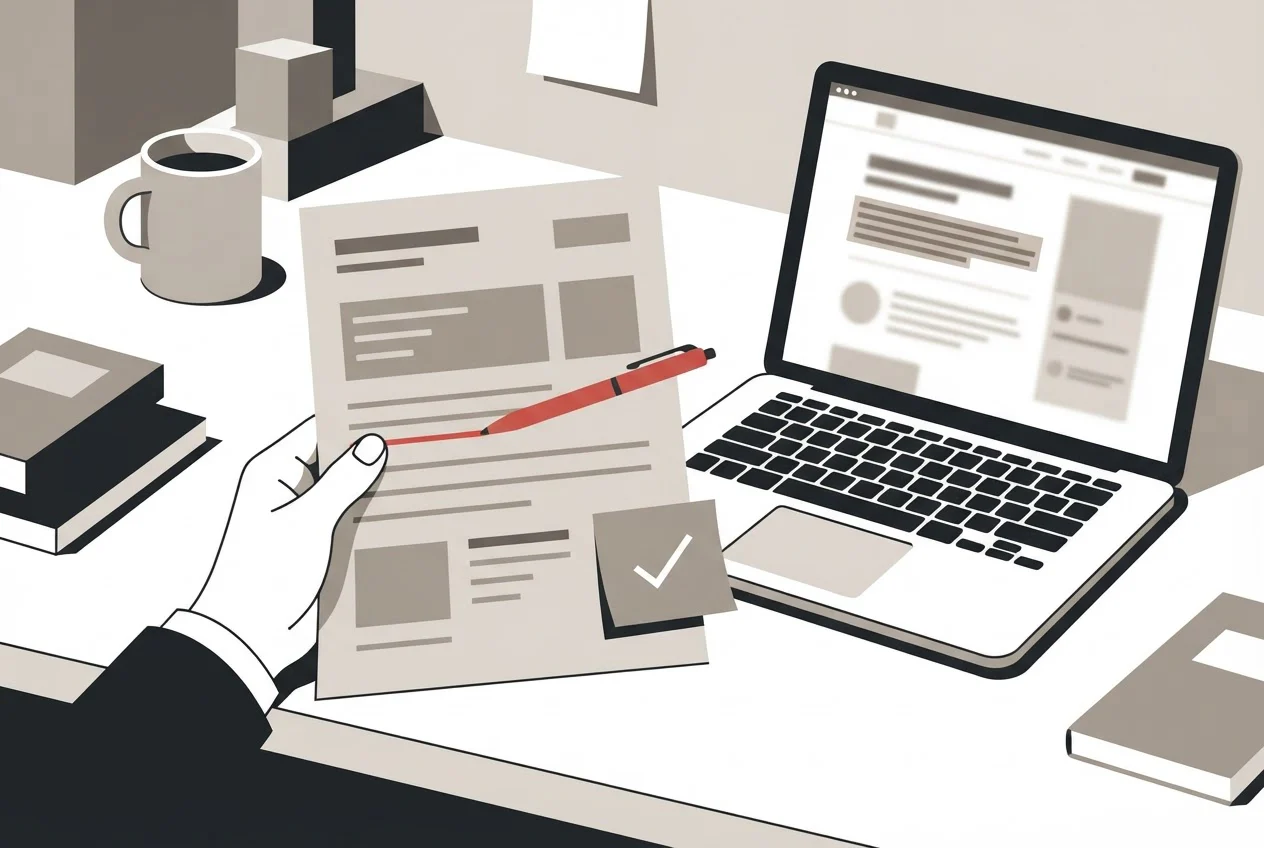 A hand holds a marked printout next to a laptop showing a highlighted source page for comparison.
