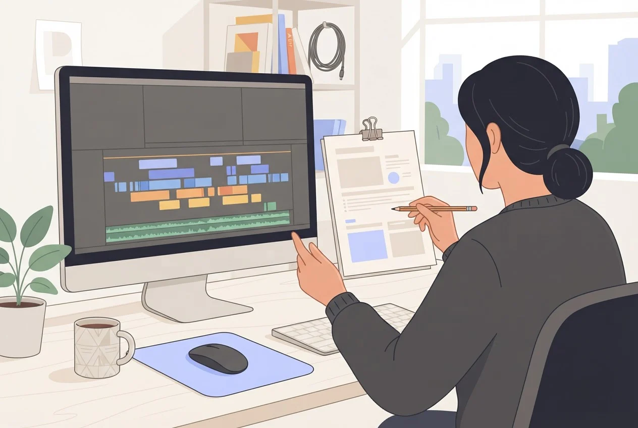 An editor holds a printed brief beside a monitor showing a video timeline, with a pencil ready to check it.