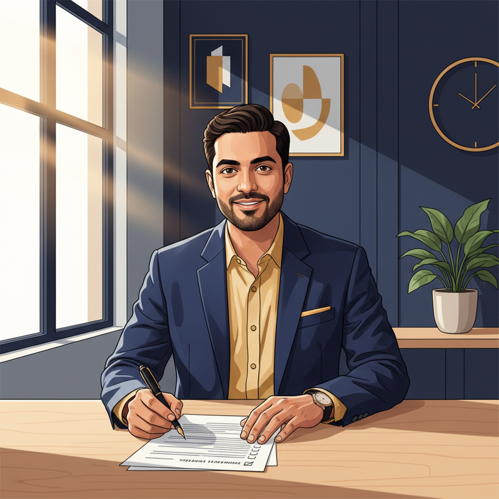 Indian service entrepreneur reviewing a business checklist at a minimalist desk