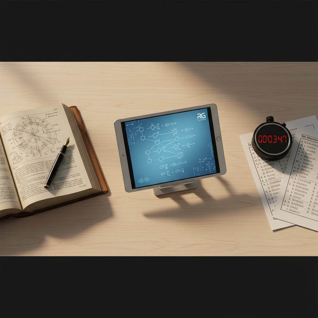 Three distinct physics study setups on a wooden desk representing board prep, JEE, and MHT CET exam strategies.