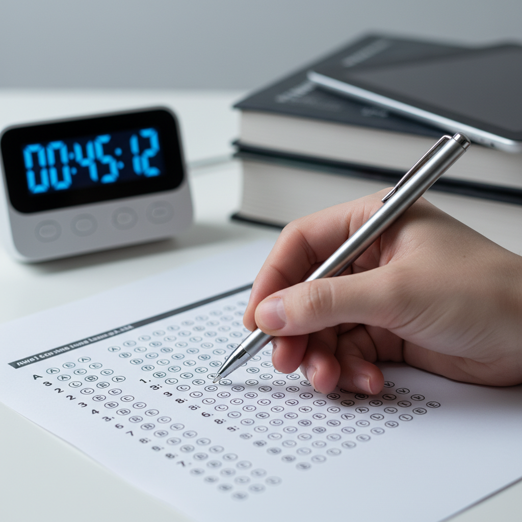 Close-up of a student filling out a multiple-choice answer sheet next to a digital timer.