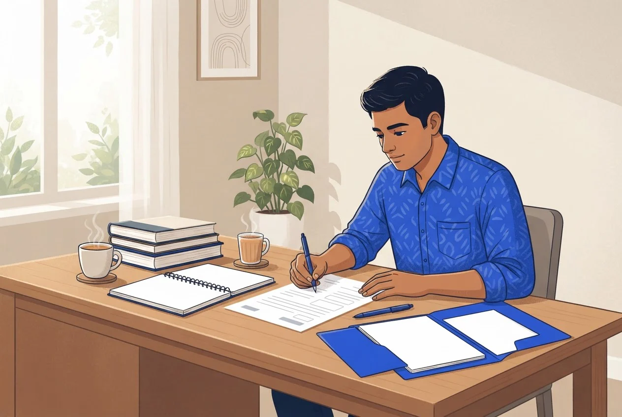 A young man studies a printed practice paper at a home desk with textbooks, a notebook and a cup of tea.
