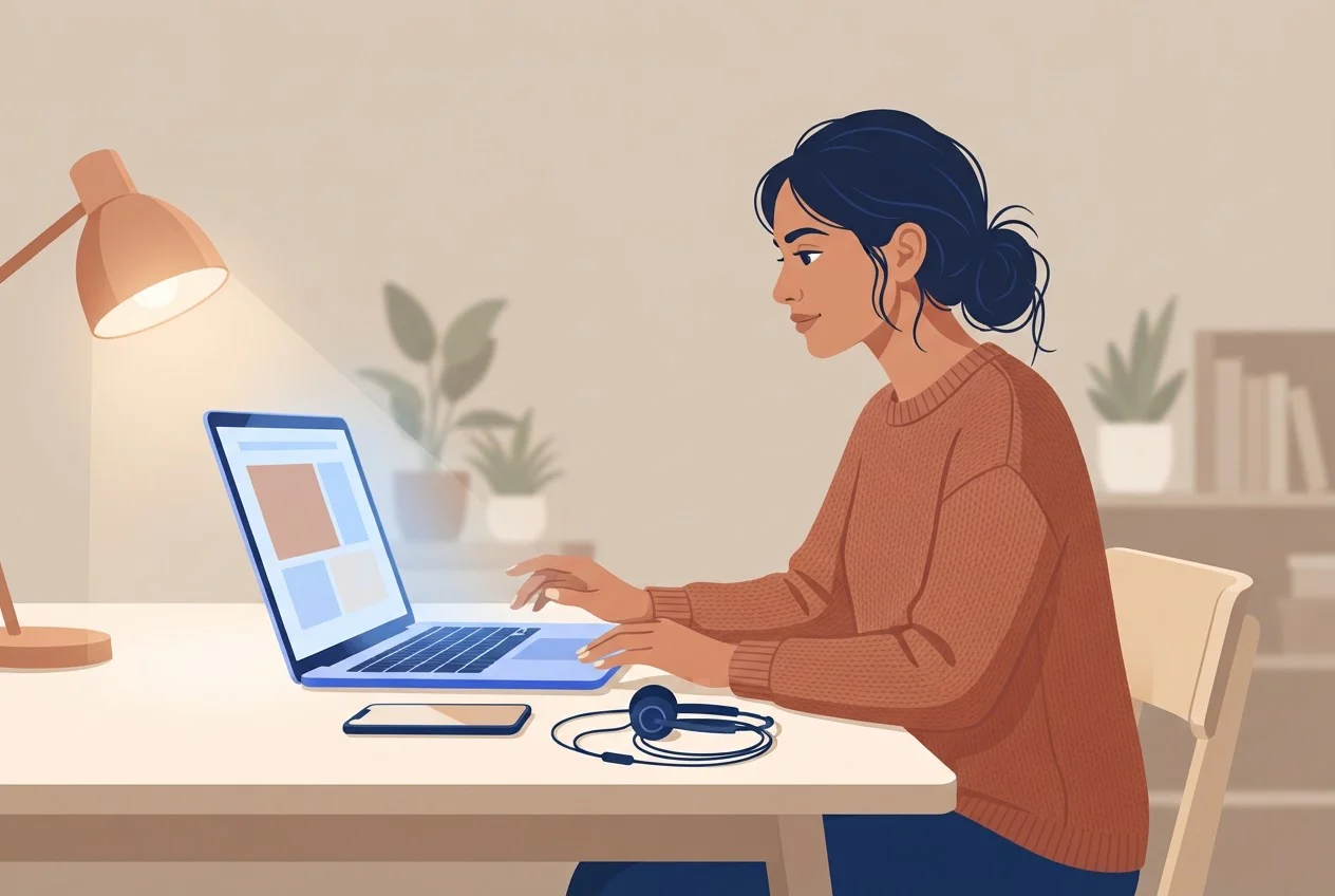 A young woman at a laptop checks her booking carefully with a phone and headset beside her.