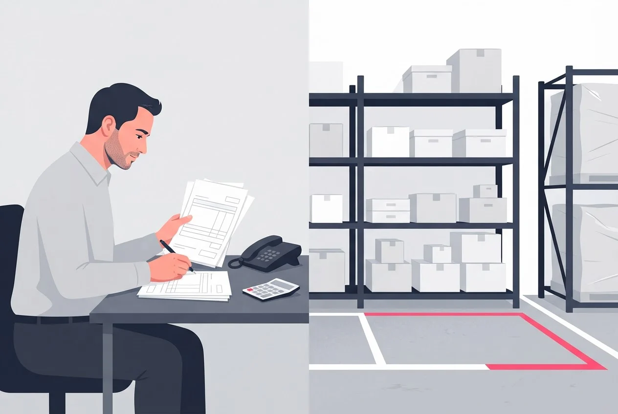A purchasing officer handles paper order forms at a desk beside a bay of shelved boxes in storage.