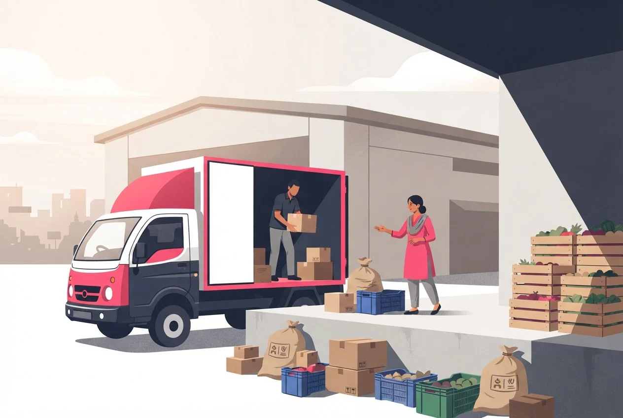 Workers load a truck with mixed boxes, sacks and crates at a loading bay, with fresh produce crates waiting nearby.