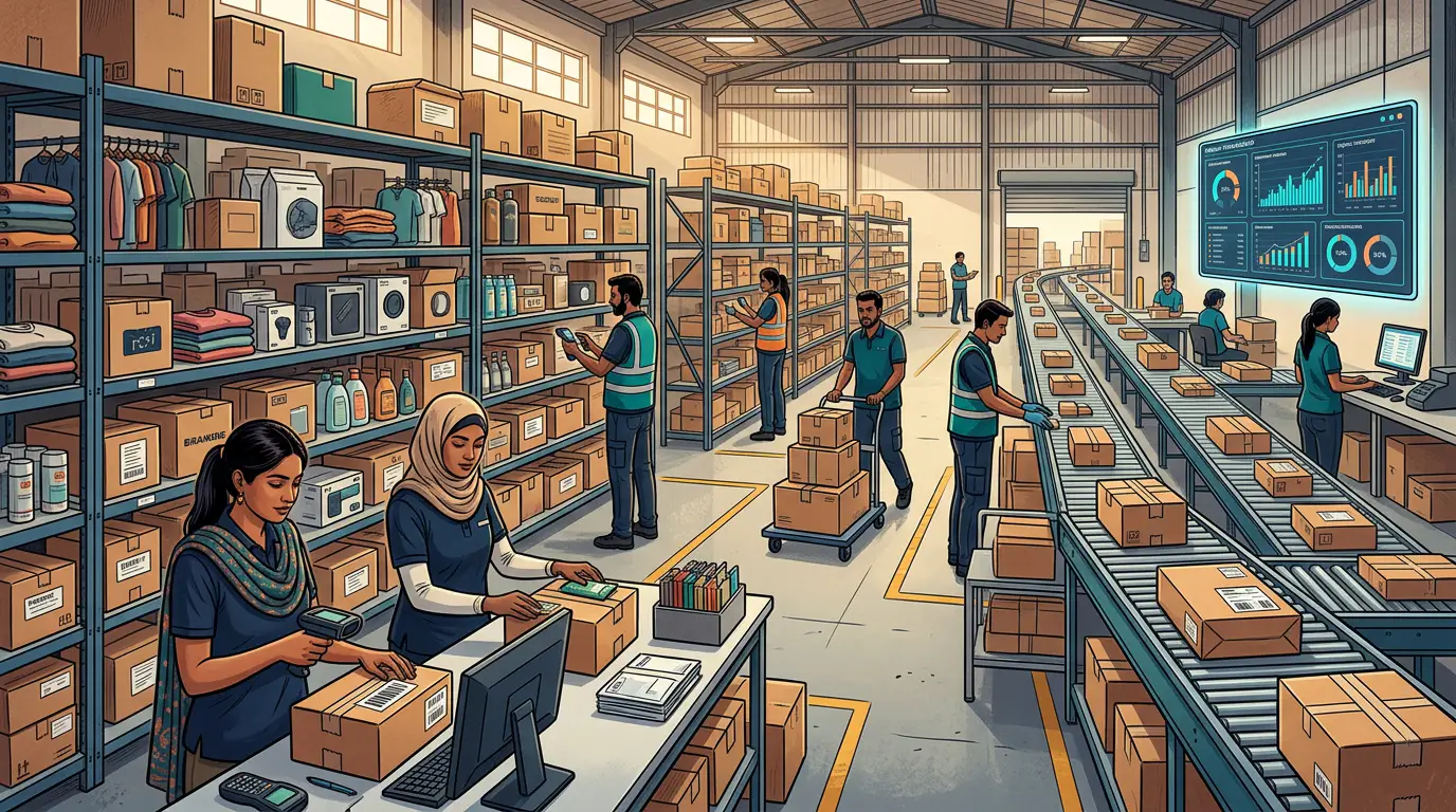 Ecommerce warehouse team using handheld scanners to fulfill online orders
