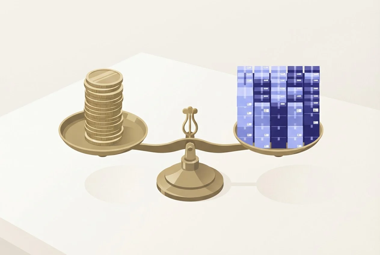 A balance scale weighs a stack of coins against many small parcel boxes arranged in seven columns.