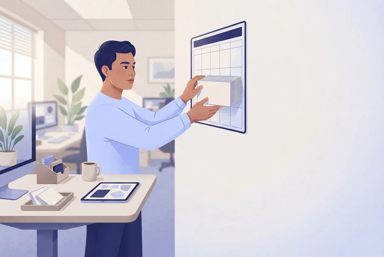 A team member places a batch of blank ad cards onto a wall planner grid in one go.