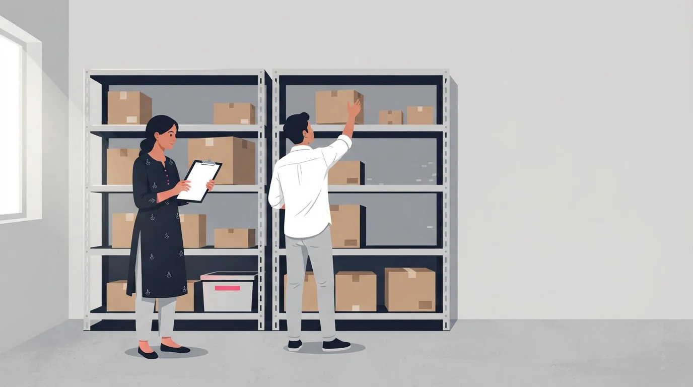 Two shopkeepers in a stockroom count cartons on tall shelves, with a few gaps showing where stock is missing.