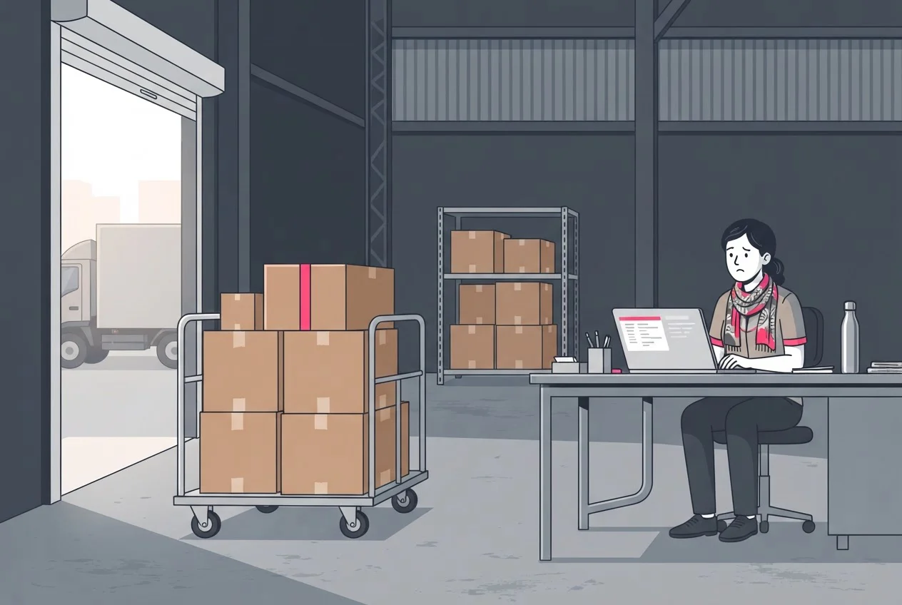 A warehouse worker looks at a laptop beside a cart of cartons that have arrived at the dock but are not yet received.