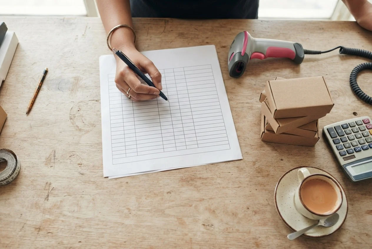 A hand with a pen works down a printed grid sheet on a table beside a barcode scanner, boxed goods and a calculator.