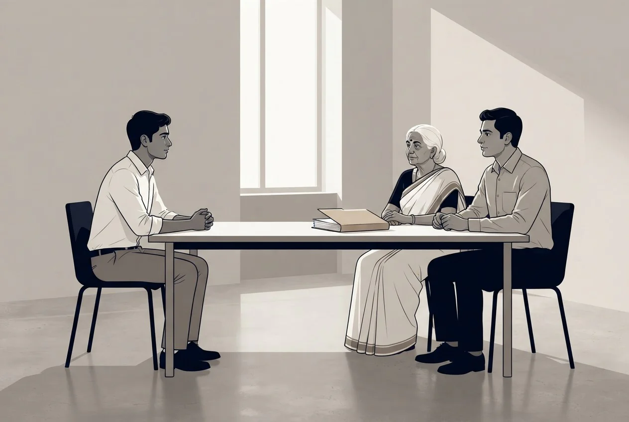 A candidate sits across a table from two faculty members during a PhD selection interview.