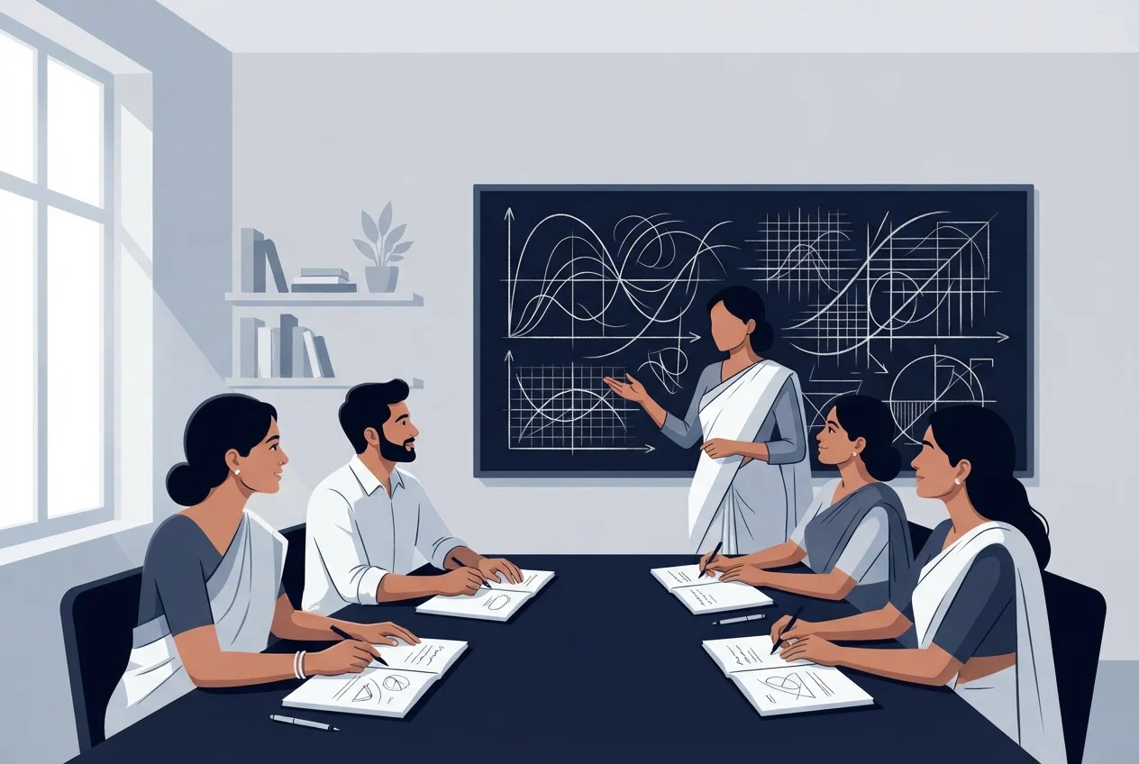 Research scholars attend a coursework session in a university classroom while an instructor points to a blackboard of abstract diagrams.
