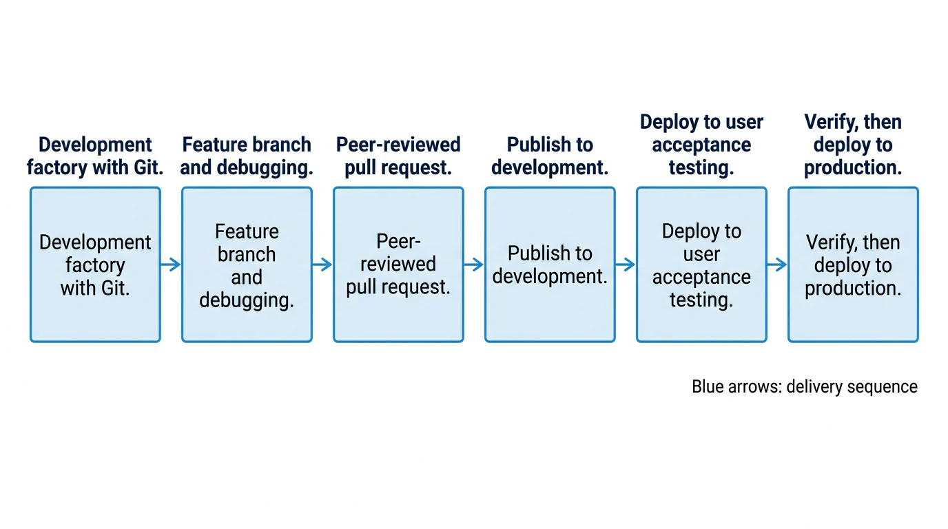 Six connected stages for delivering an Azure Data Factory pipeline from development Git setup through production deployment.