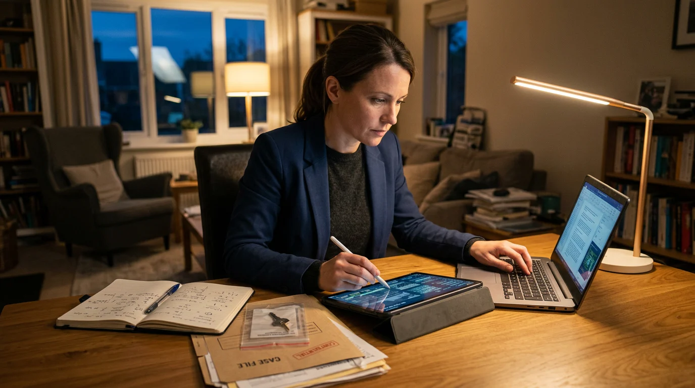 Private investigator completing online continuing education at night