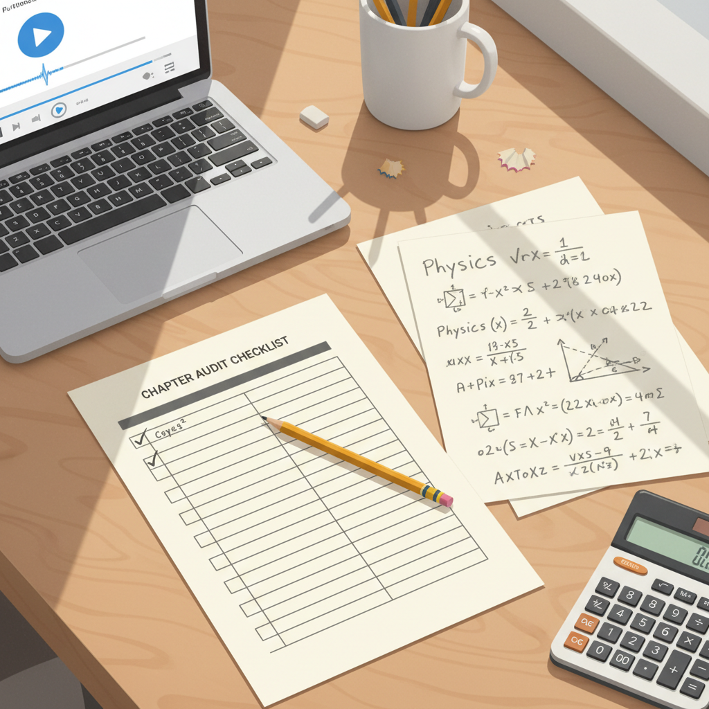 Physics chapter audit worksheet beside a laptop and textbook
