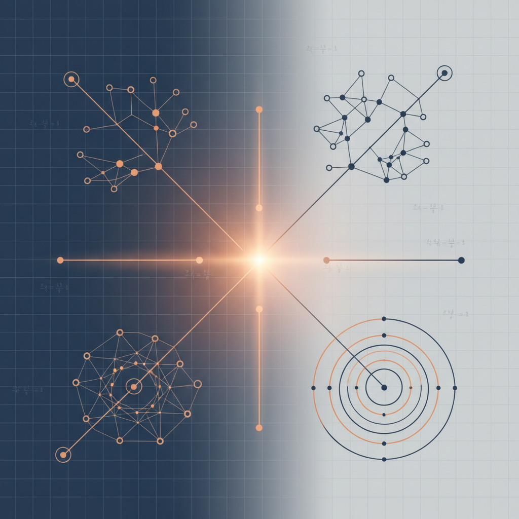 An abstract geometric illustration showing four distinct structured pathways of varying complexity converging toward a central goal.