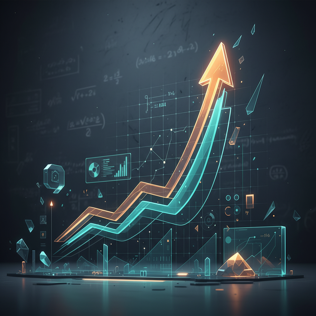 An abstract dashboard visualization showing an upward-trending progress graph with subtle mathematical grid lines.