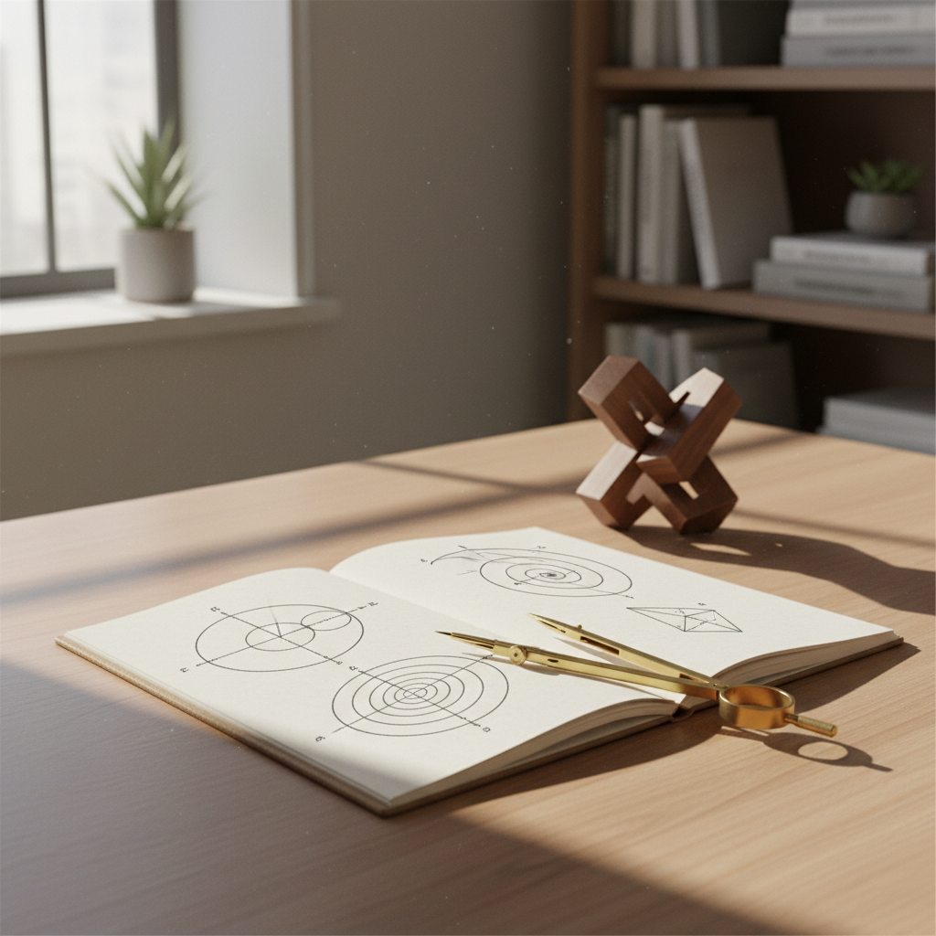 A minimalist, organized study desk with an open notebook showing geometric diagrams under warm, natural light.