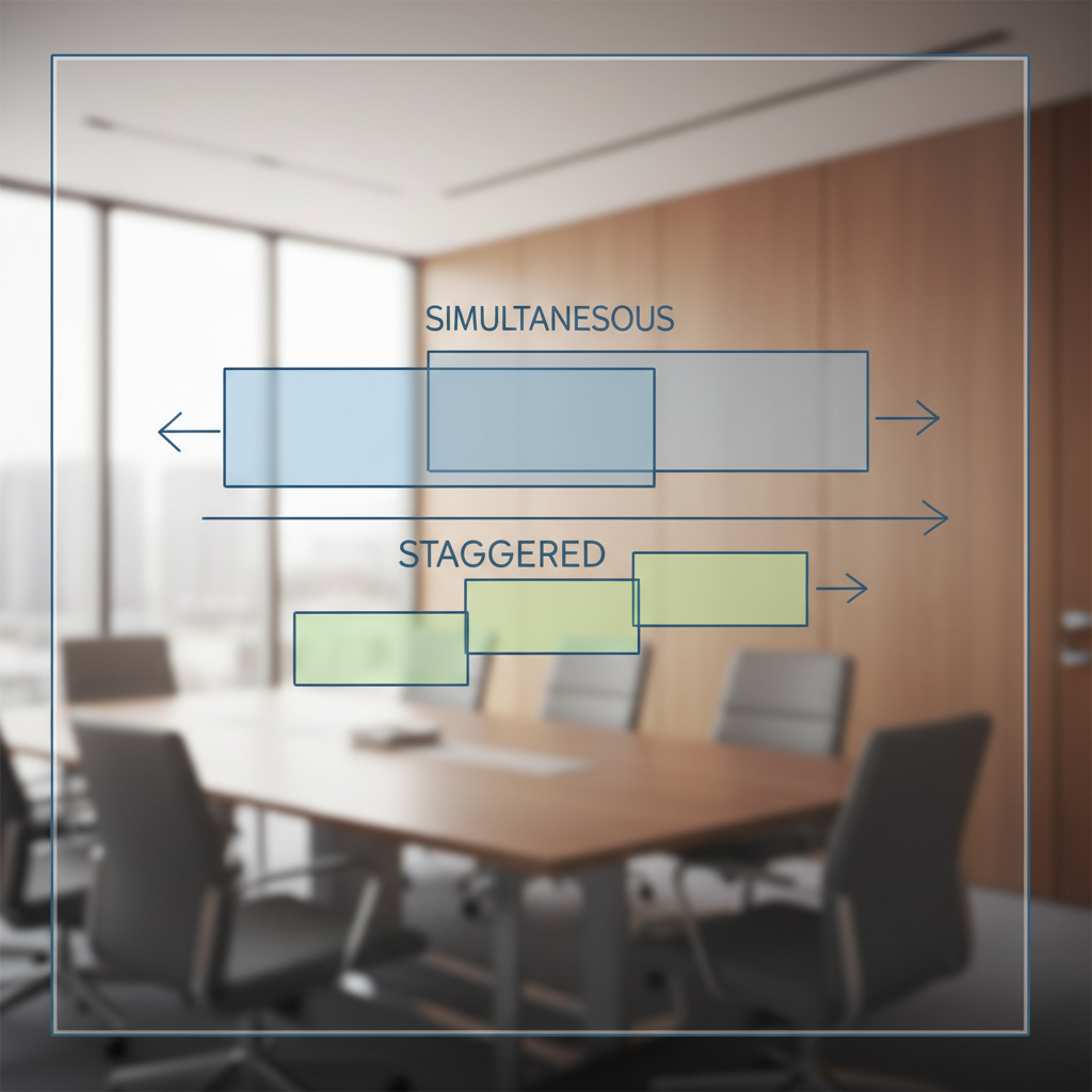 A glass whiteboard in a modern office displaying an abstract diagram comparing simultaneous and staggered timelines.