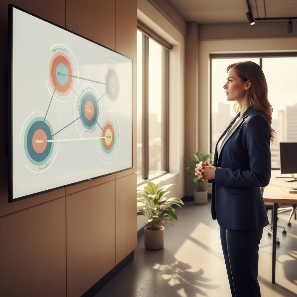 A professional reviewing an abstract risk-mapping chart with buffer zones on a wall monitor in a modern office.
